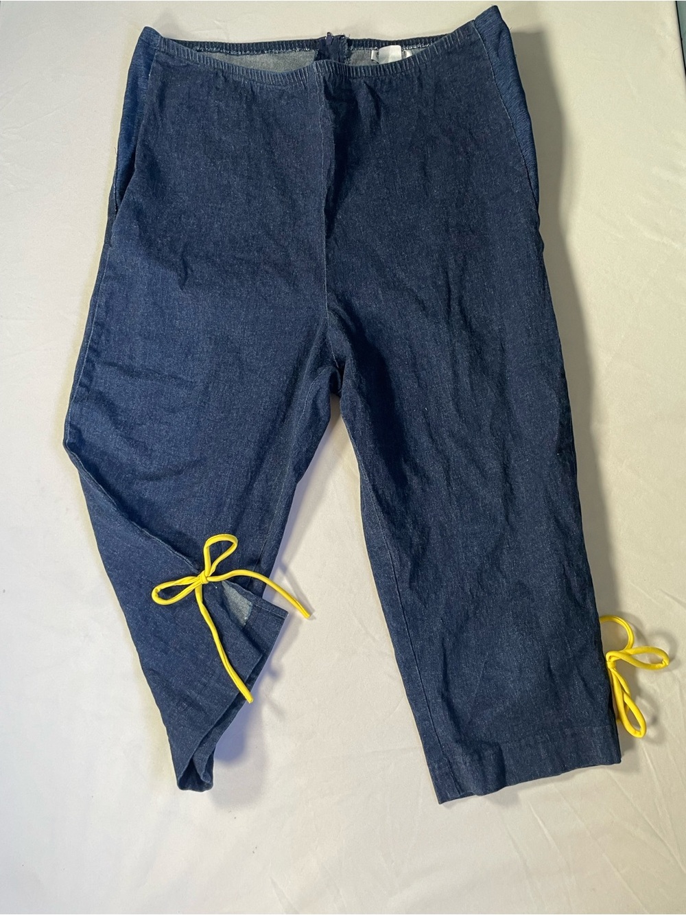 VTG Maria Gabrielle Denim Pedal Pushers Yellow Side Ties Capris Size 2X Coquette